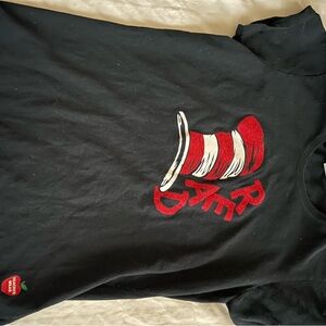 Black Graphic Teacher Wear Tee with Red & White Dr. Seuss Cat in the Hat Design